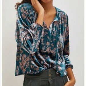 ANTHROPOLOGIE Faustine Velvet Romantic Peasant Boho Blouse SZ S Oversize
